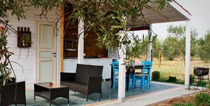 A covered outdoor patio with a dining table and chairs, a grill, and a small kitchen area.