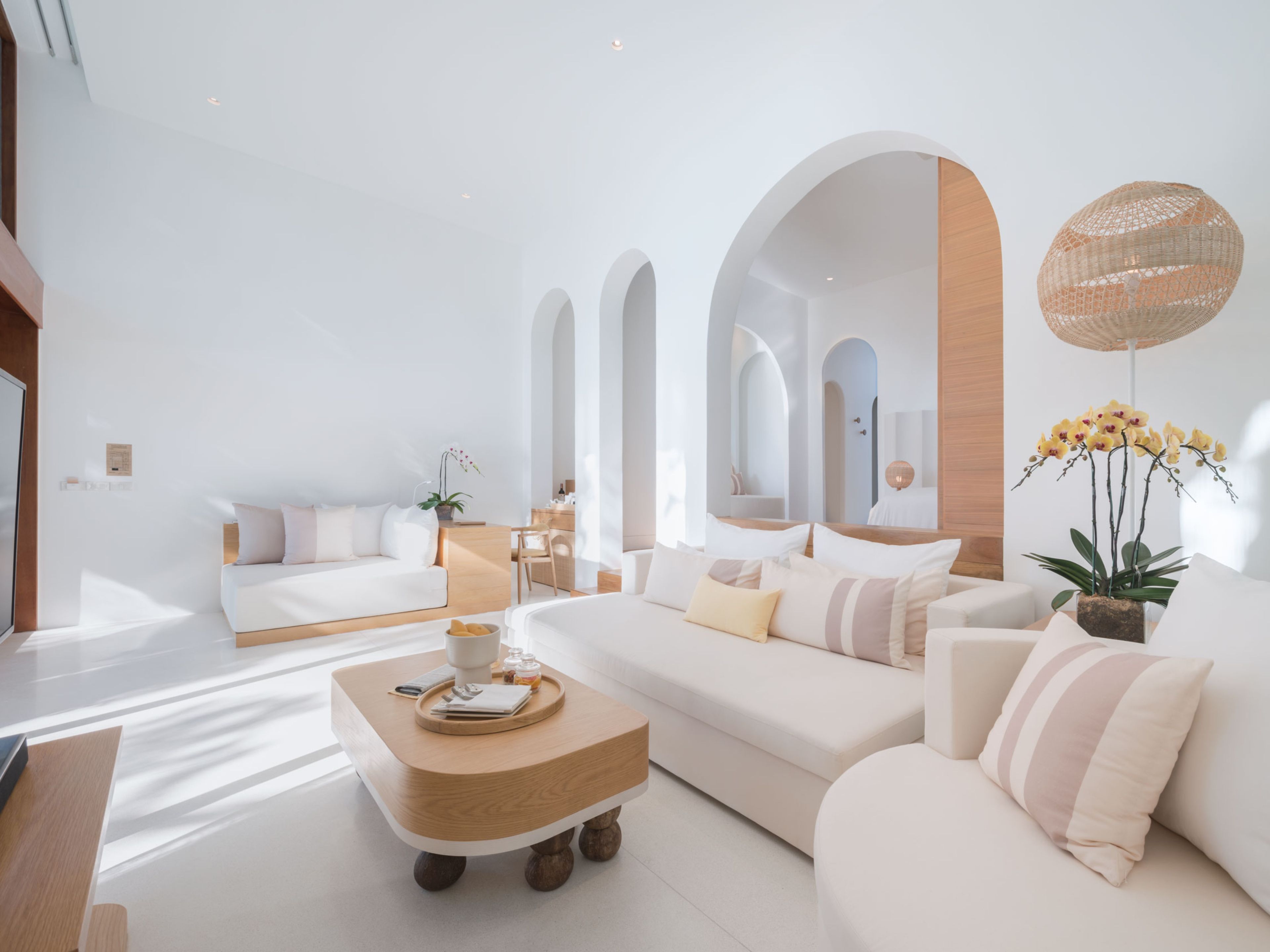 Una sala de estar moderna y minimalista con un sofá, una mesa de centro y una planta en maceta.