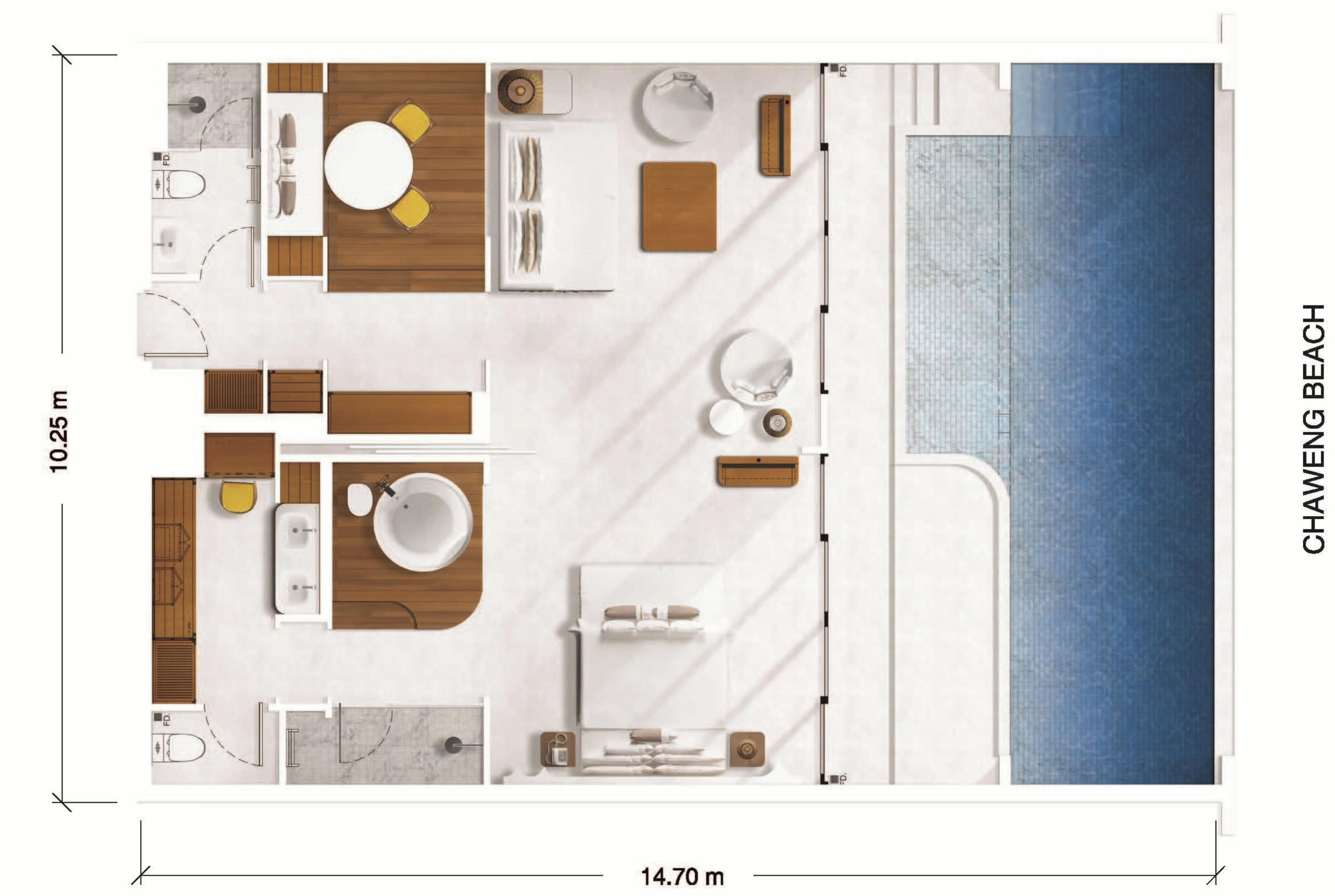A hotel room layout with a bathroom, a dining area, and a view of the beach.