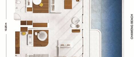 A hotel room layout with a bathroom, a dining area, and a view of the beach.
