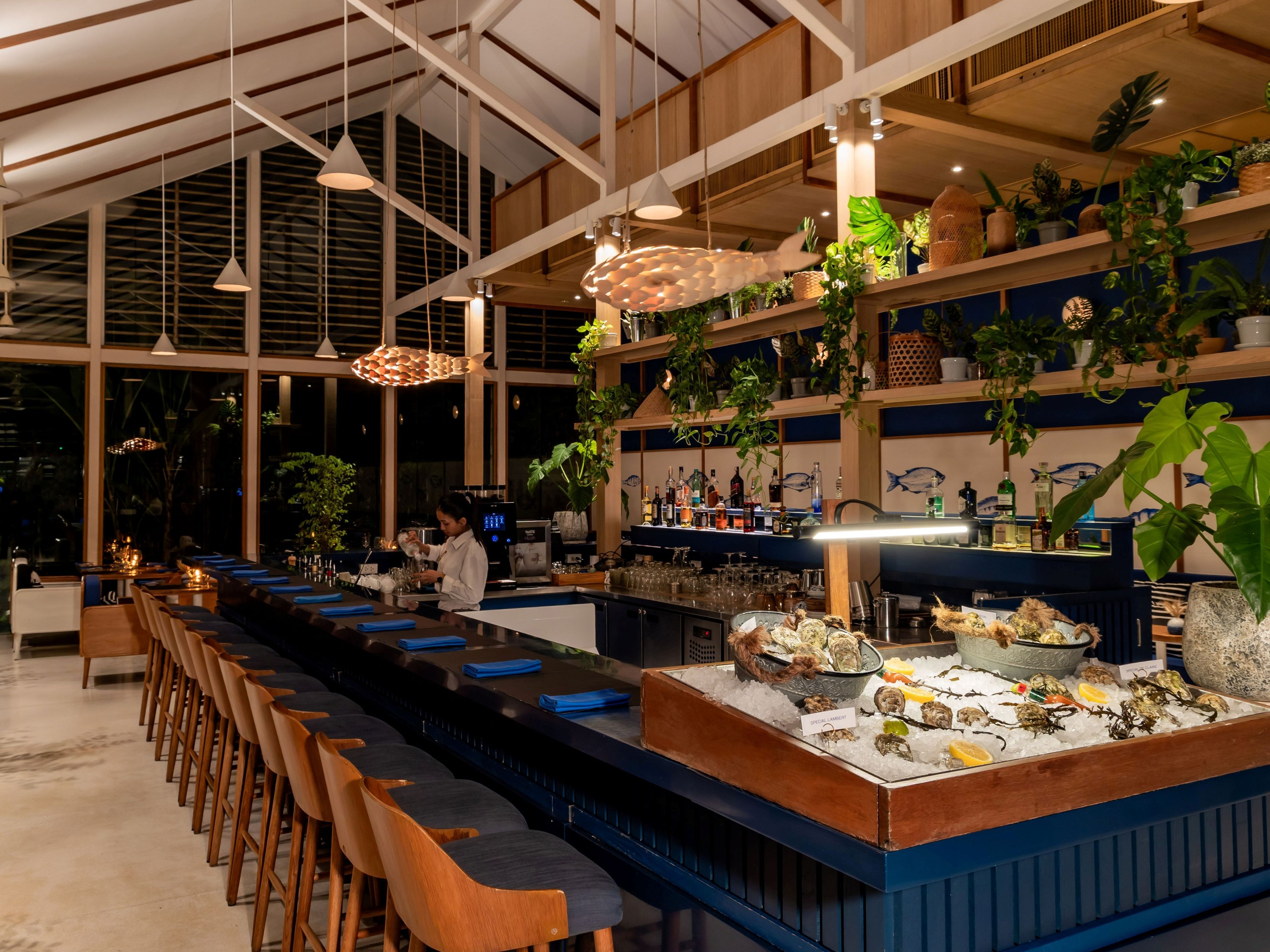 A bar area with a long counter, bar stools, and a display of oysters.