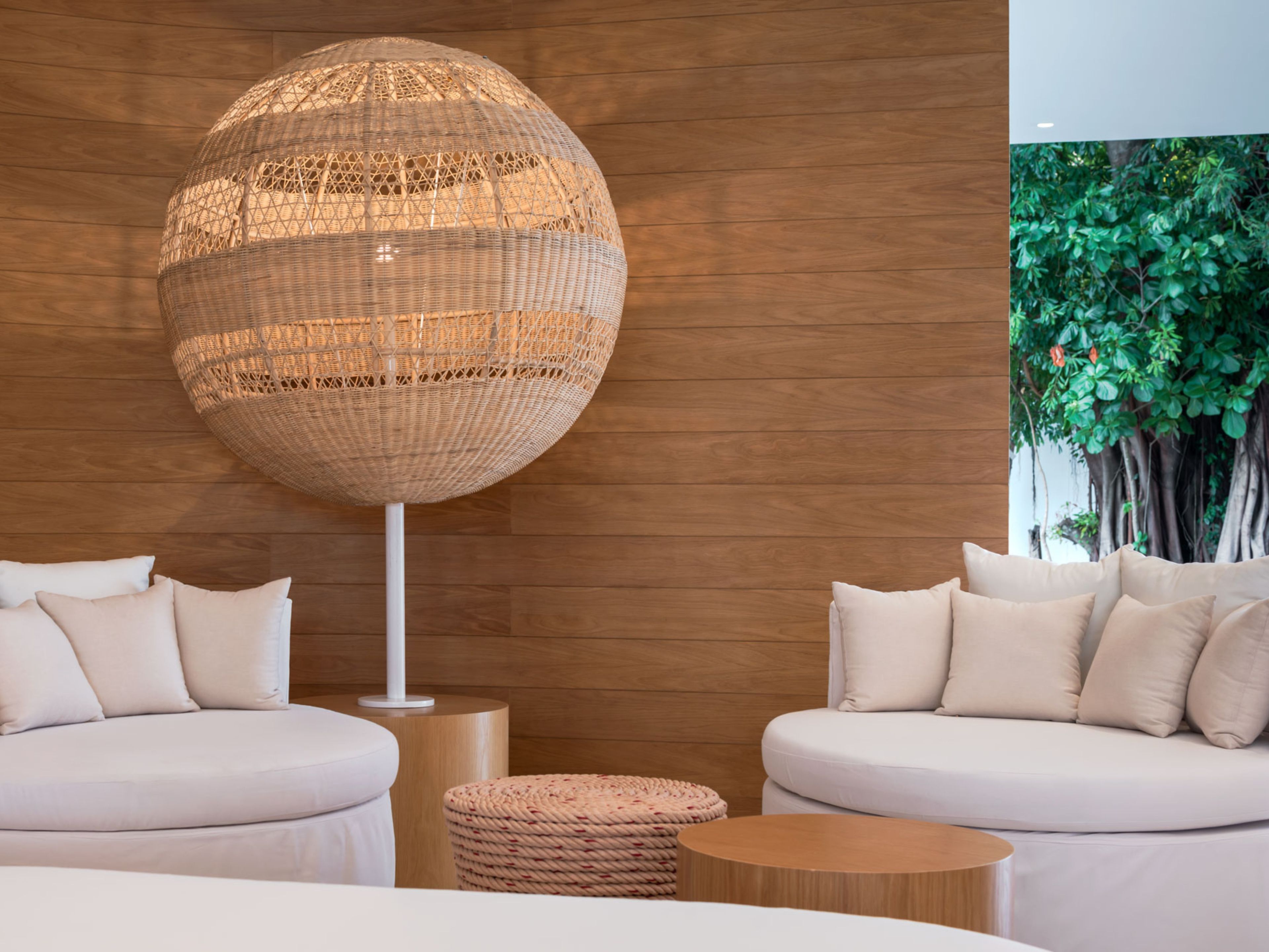 A modern interior with a spherical woven light fixture, two sofas with cushions, a round wooden table, and a wall-mounted plant.