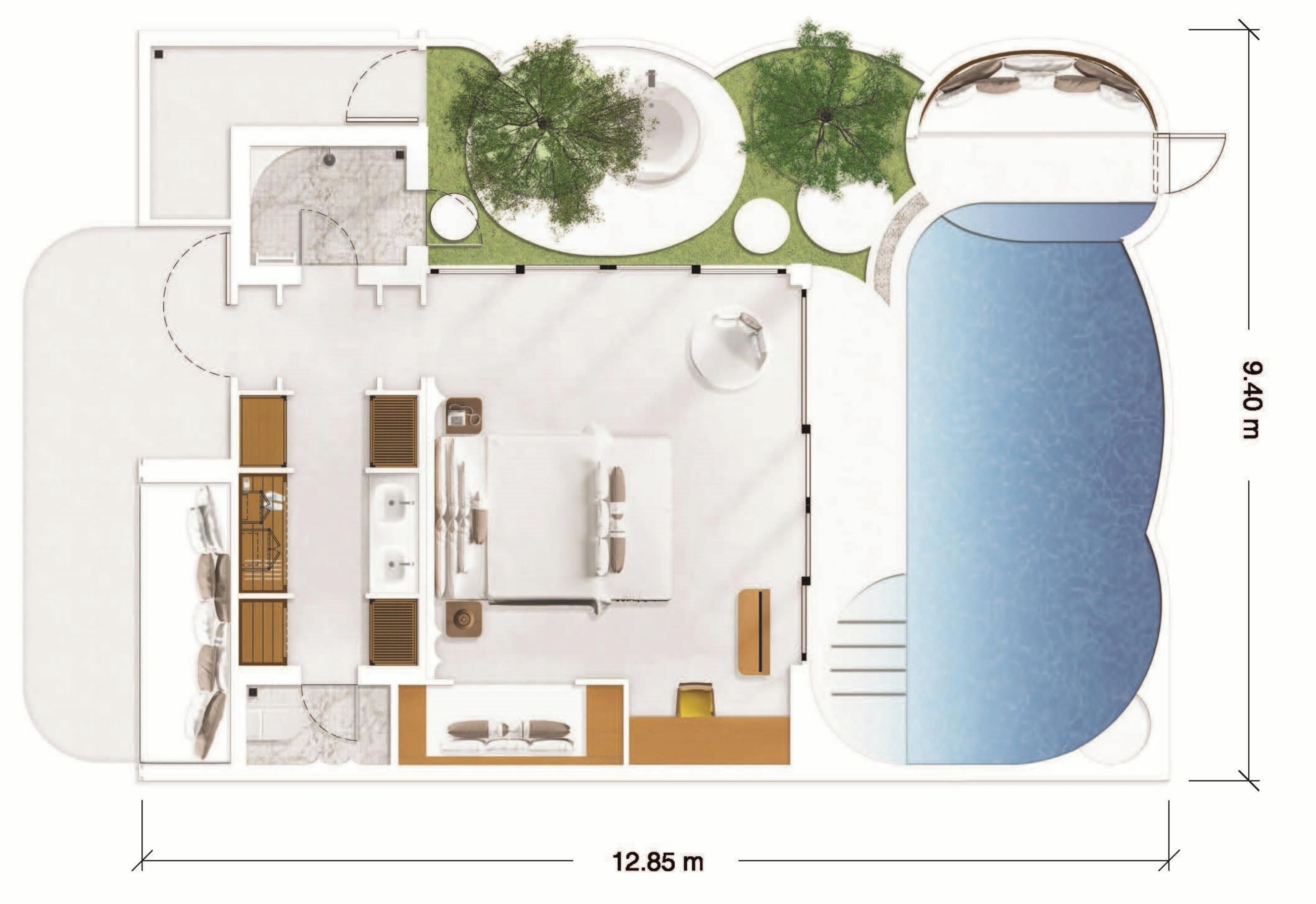 Plano de planta de una propiedad con piscina, sala de estar, cocina y baño.