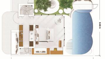 Plano de planta de una propiedad con piscina, sala de estar, cocina y baño.