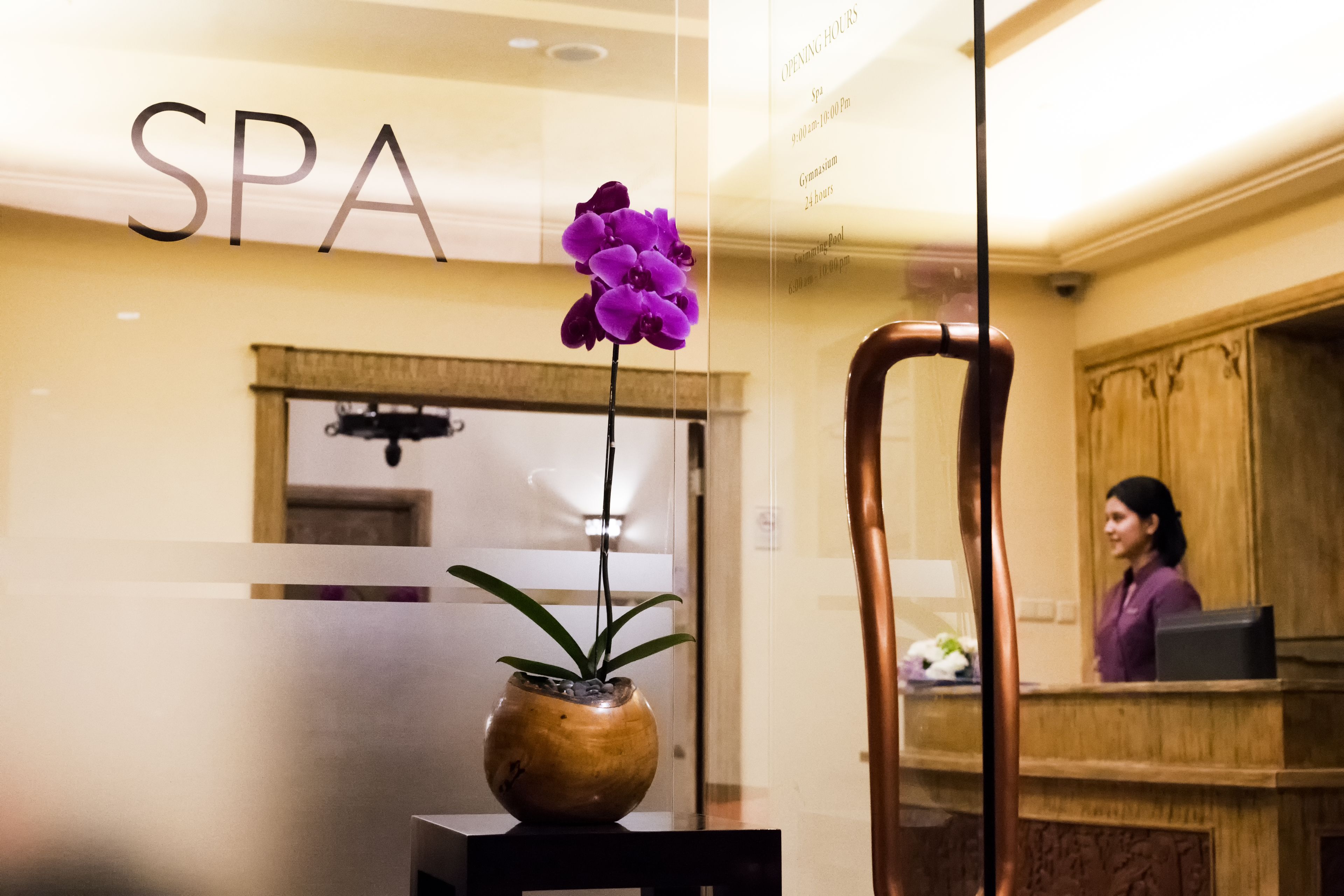 Zona de recepción con un letrero que dice "SPA" y un jarrón con una orquídea púrpura.