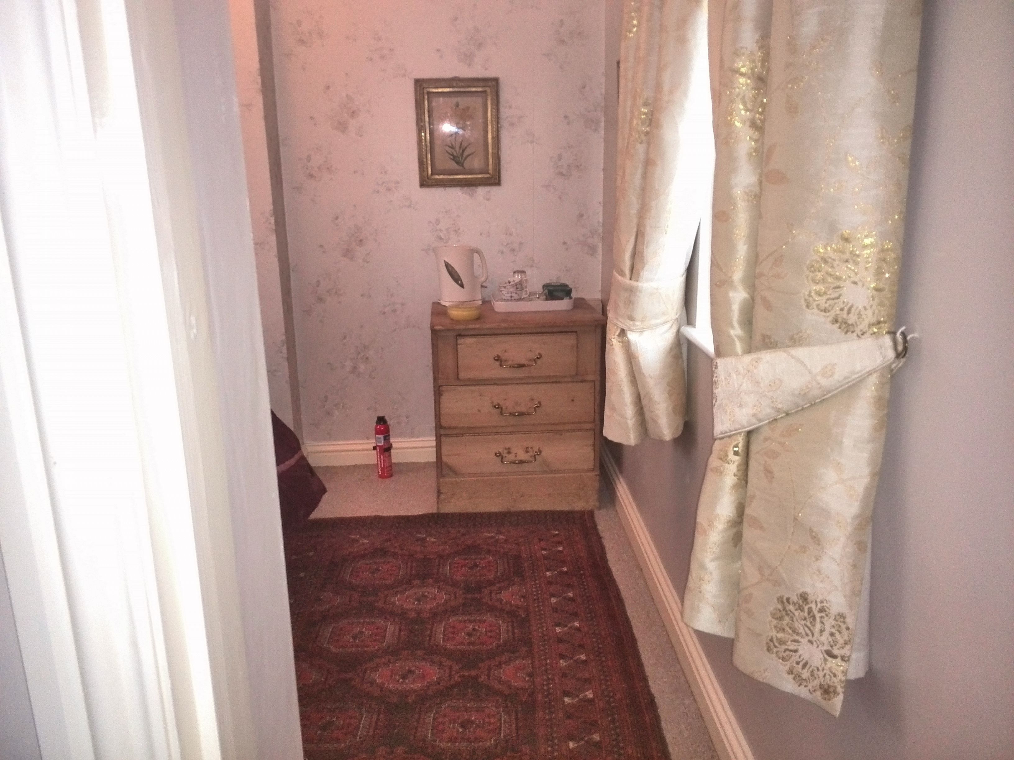 A narrow hallway with a patterned rug, a wooden dresser with drawers, a framed picture on the wall, and a white curtain with a floral pattern.
