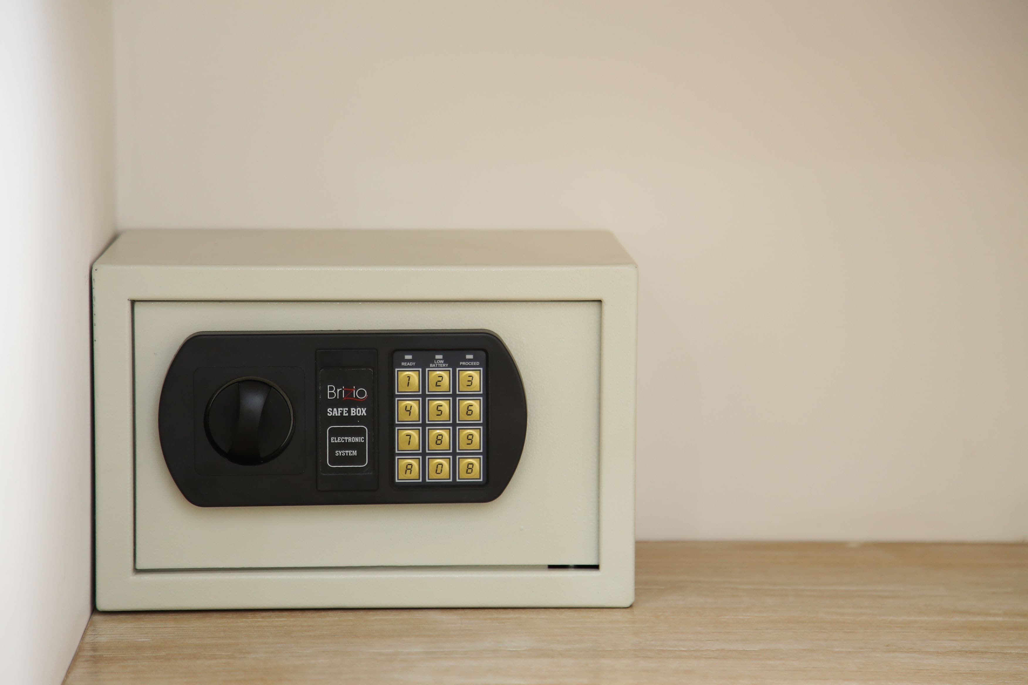 A safe with a keypad and a dial lock, labeled "Brizo Safe Box" and "Electronic System."