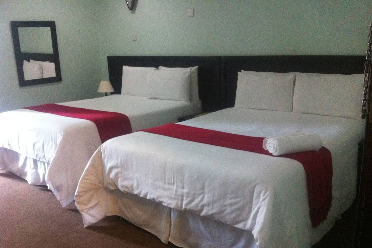 Two single beds with white linens and red bedspreads, a nightstand with a lamp, and a wall-mounted mirror.