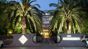 A hotel entrance with a palm tree-lined driveway, a gated entrance, and a sign reading "AVIBASCIATORI HOTEL". - Hotel Ambasciatori (Pineto)