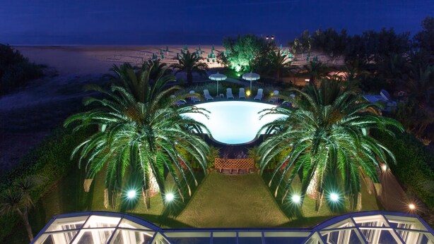 A pool surrounded by palm trees and lounge chairs, with a view of the beach and ocean. - Hotel Ambasciatori (Pineto)