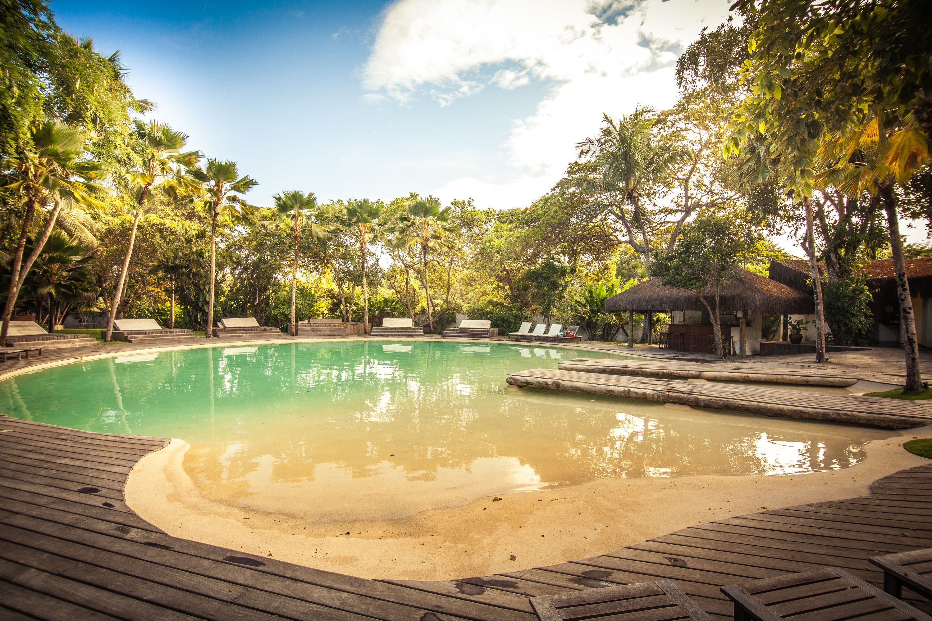 outdoor pool, pool loungers