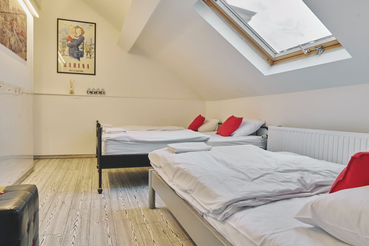 Een kleine, goed verlichte kamer met twee bedden, een dakraam en een poster aan de muur.