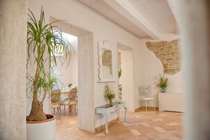Una habitación amplia con una planta grande en maceta, una consola blanca y una pared de piedra.