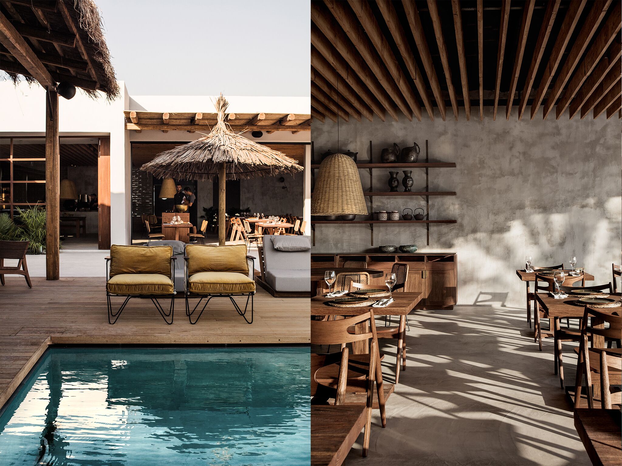 A poolside area with wooden deck chairs, a thatched umbrella, and a dining area with wooden tables and chairs.
