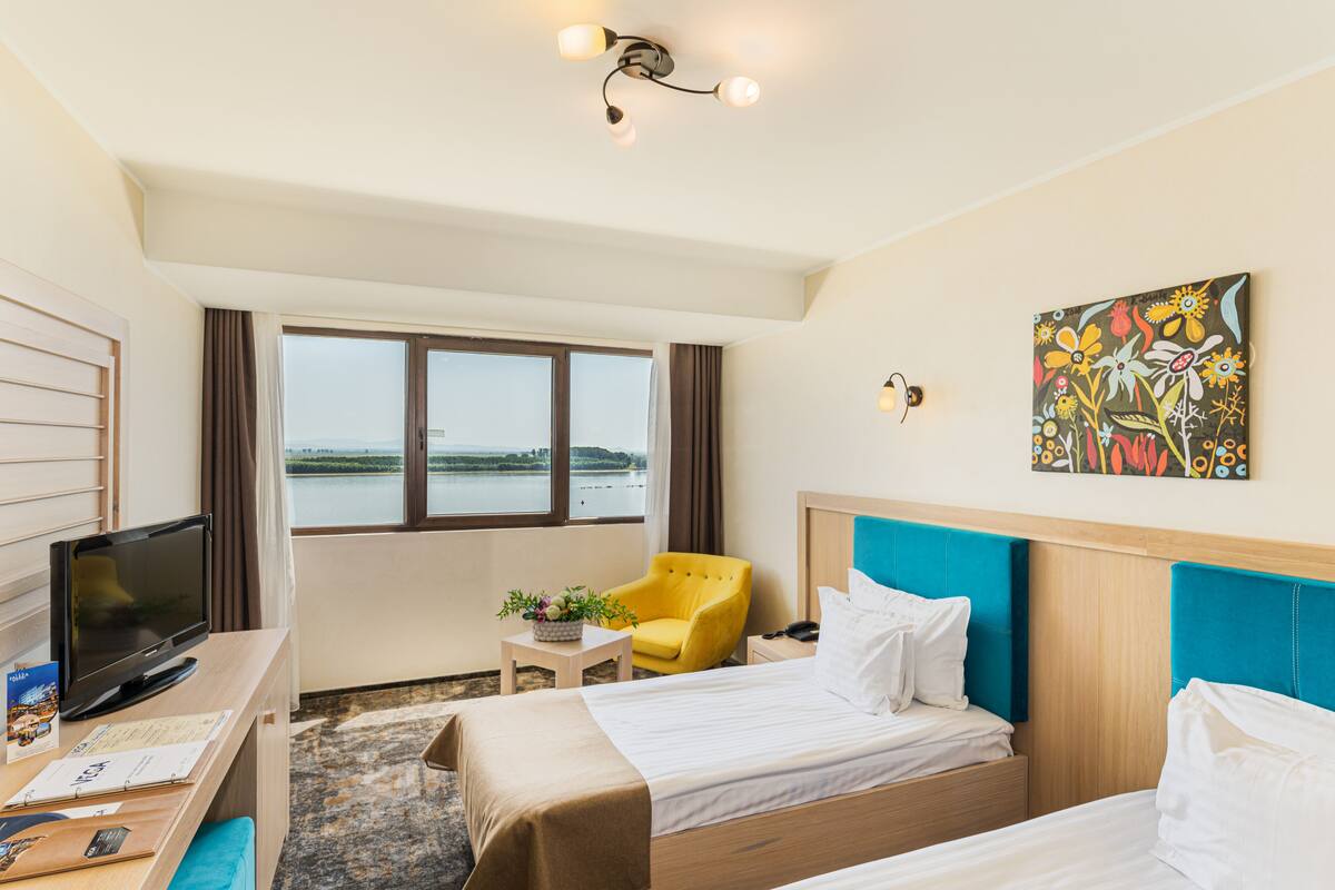 A hotel room with two beds, a desk with a TV, a small table with a plant, a chair, and a painting on the wall.