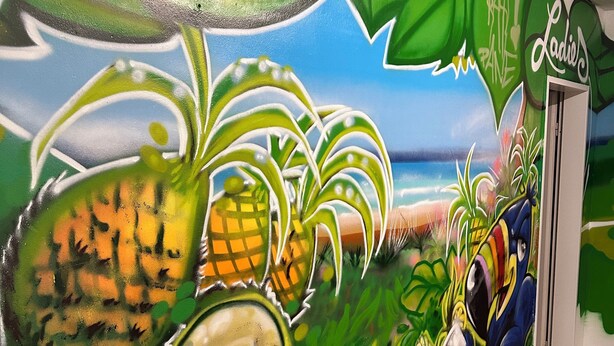 Un mural con temática tropical que incluye una rana, una piña y un personaje de caricatura.