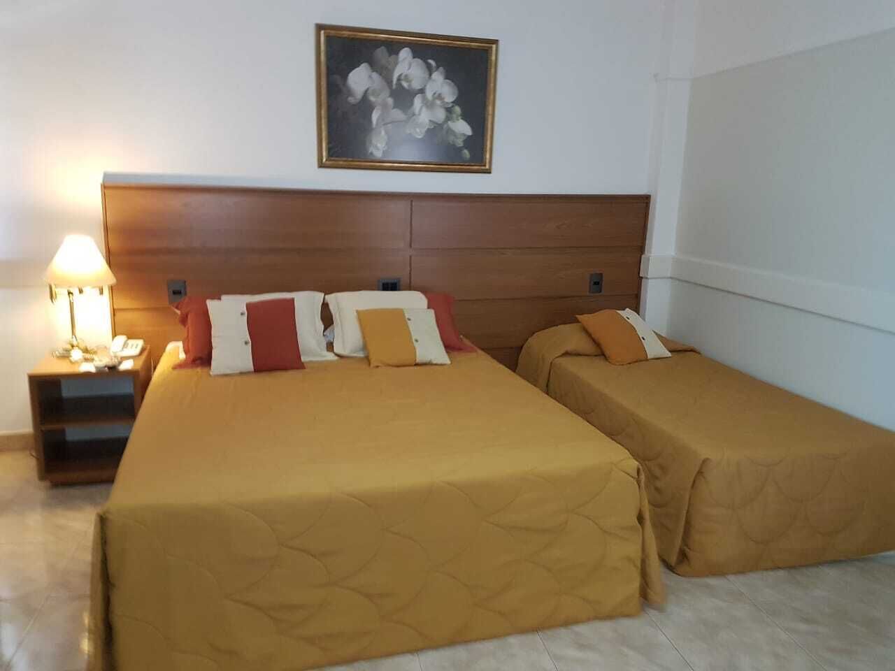 A hotel room with a large bed, a smaller bed, a nightstand with a lamp, and a framed picture on the wall.