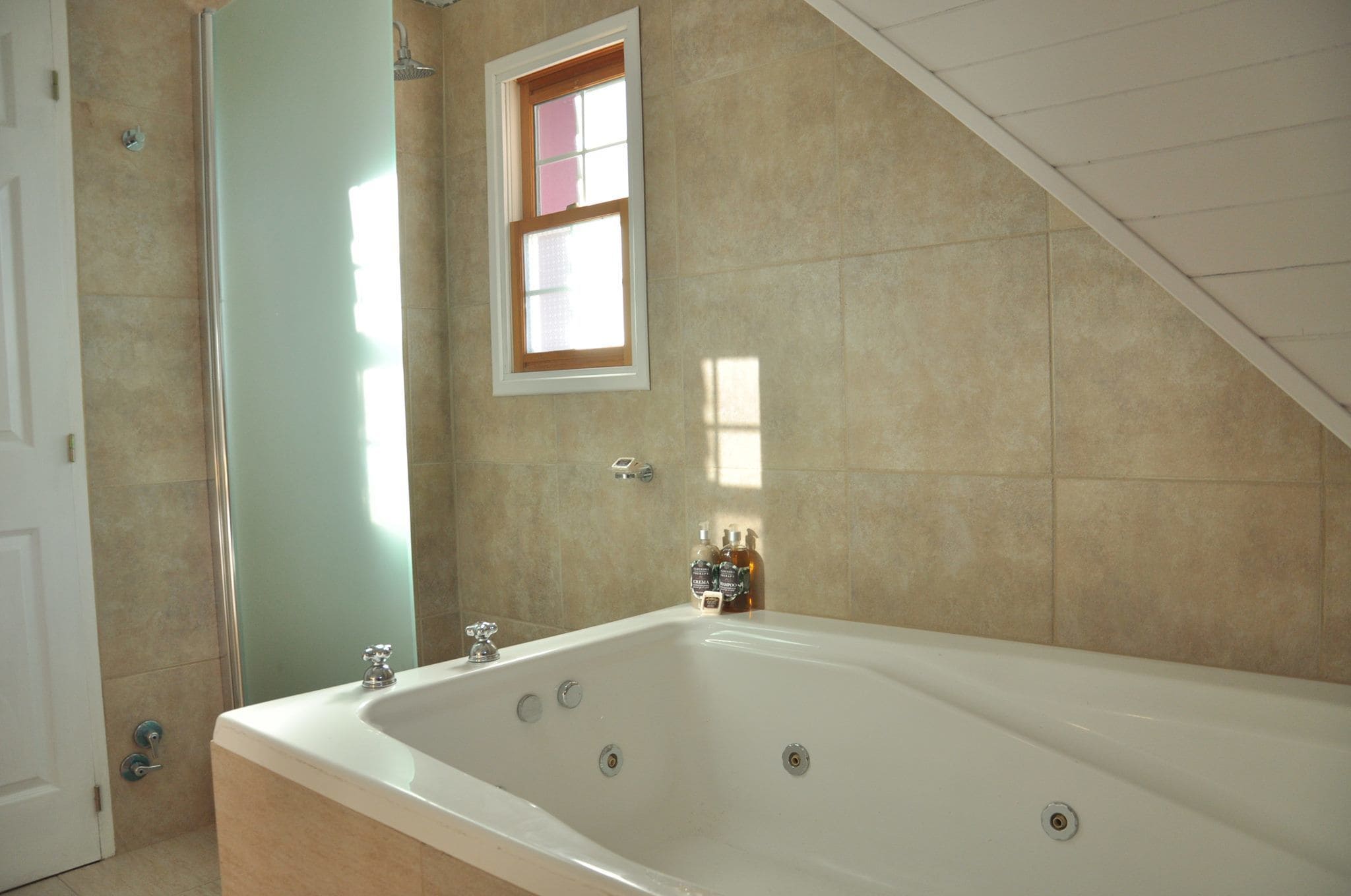A bathroom with a large bathtub, a shower, and a window.
