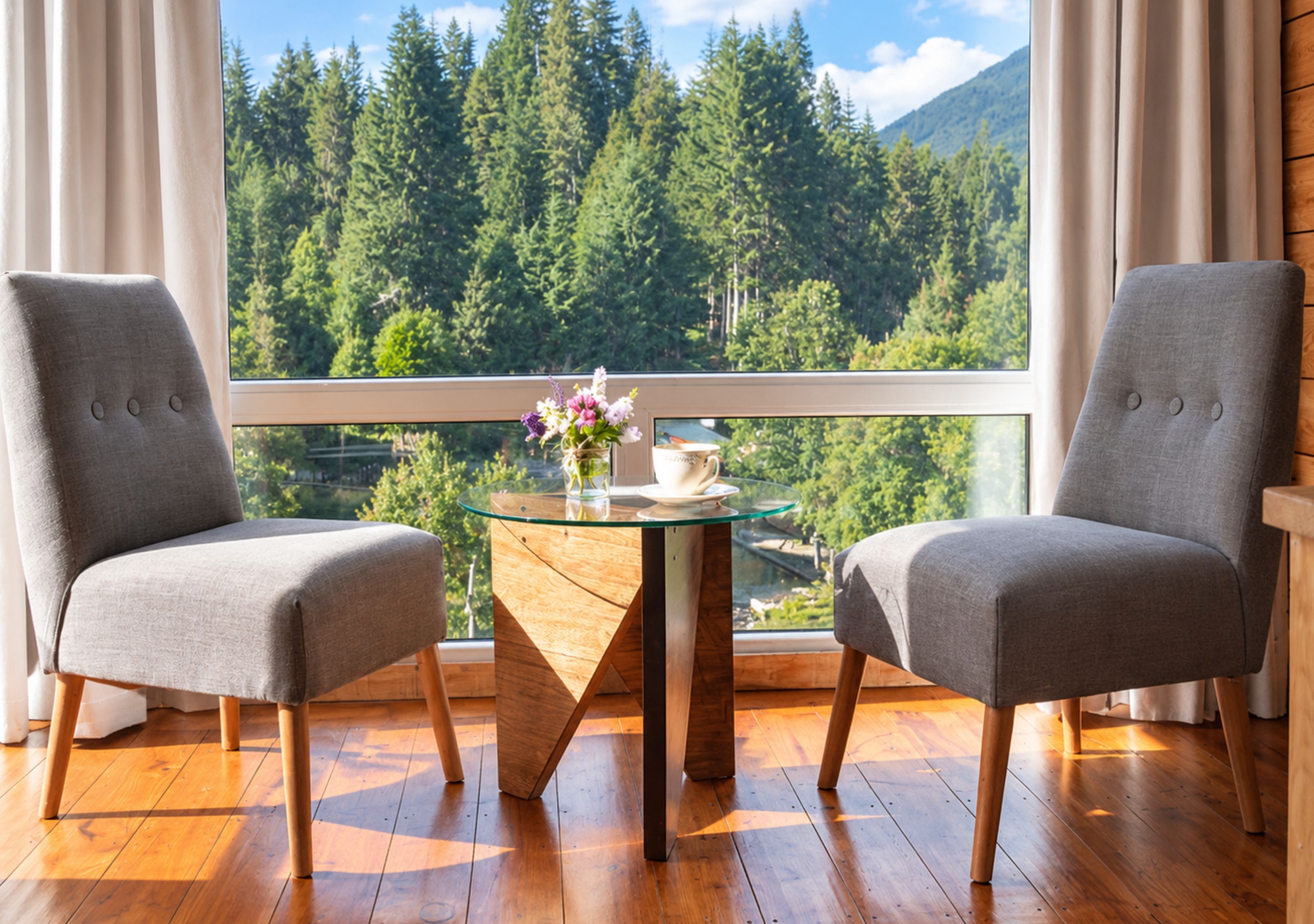 Une pièce comprenant deux fauteuils gris à revêtement en tissu, une table avec un plateau en verre sur laquelle est posé un vase de fleurs, et une fenêtre donnant sur une chaîne de montagnes boisée.