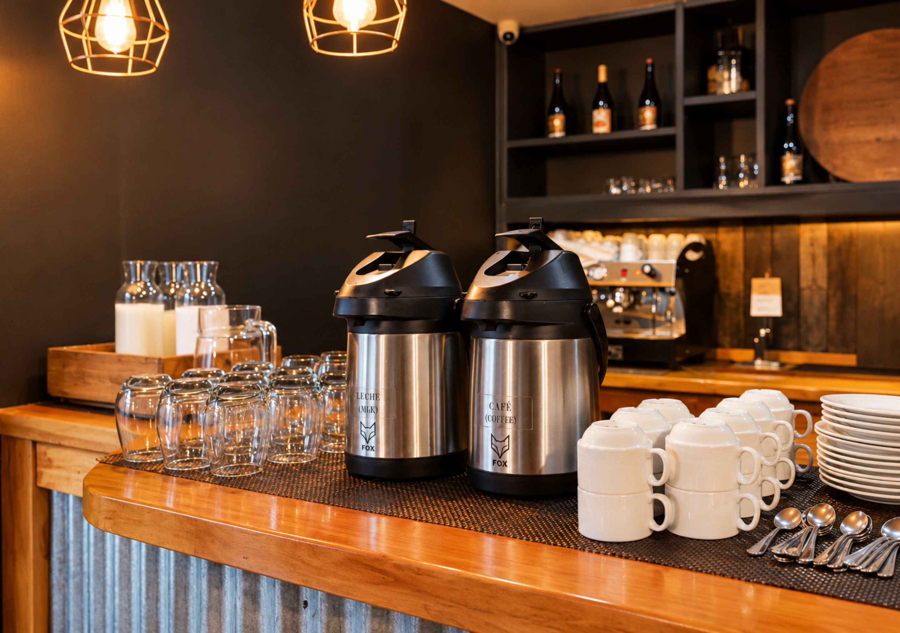 A coffee station with two coffee makers, a selection of mugs, and a variety of glasses.