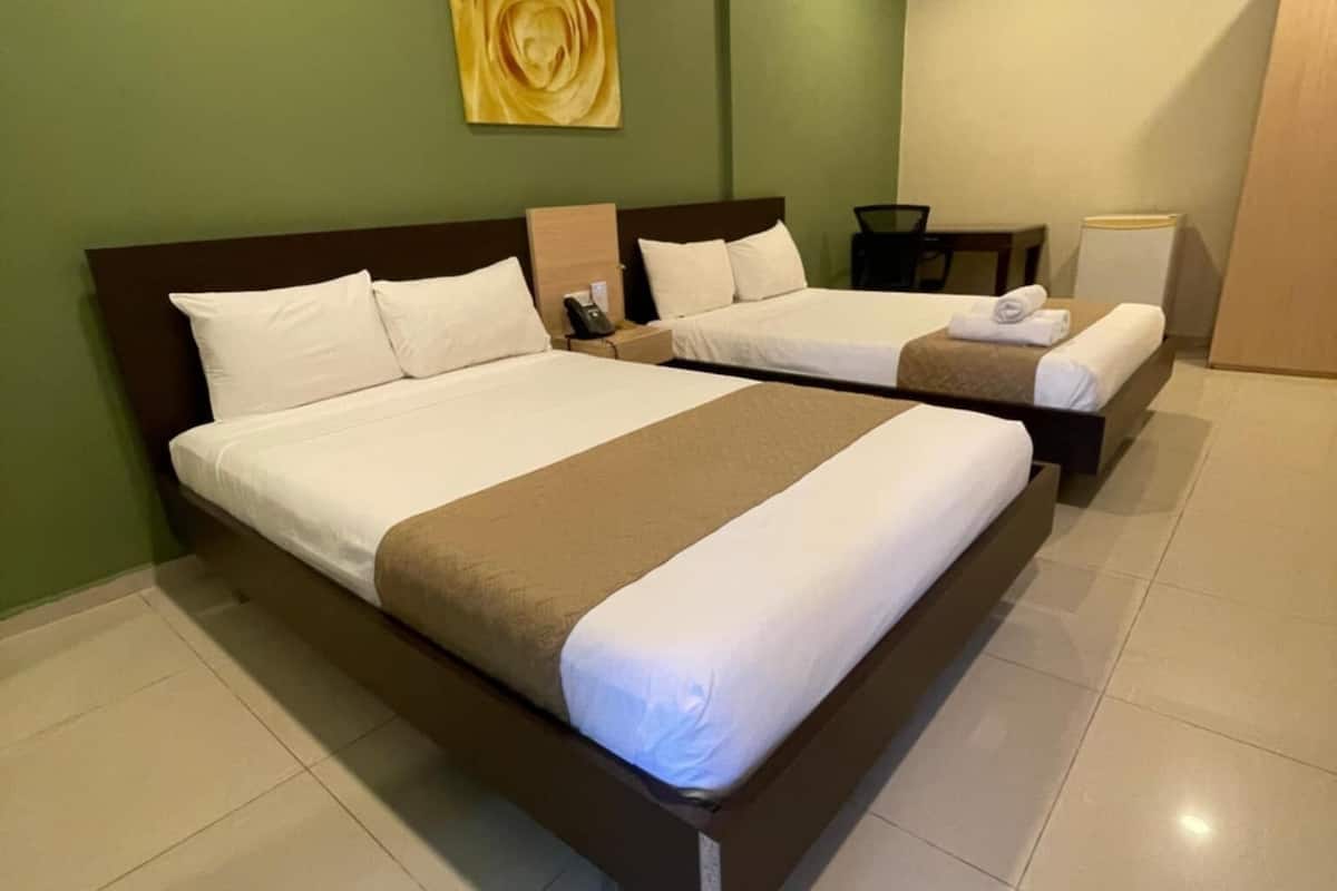 double room, 2 queen beds, no windows | 1 bedroom, desk, laptop workspace, iron/ironing board