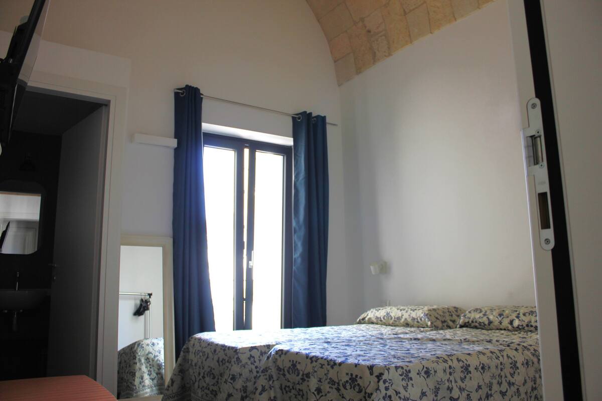 A bedroom with a bed, a window with curtains, a door, and a mirror.