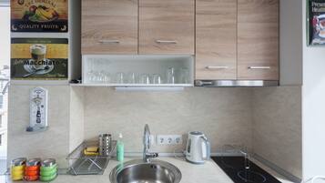 Frigorífico, microondas, placa de cocina y hervidor eléctrico