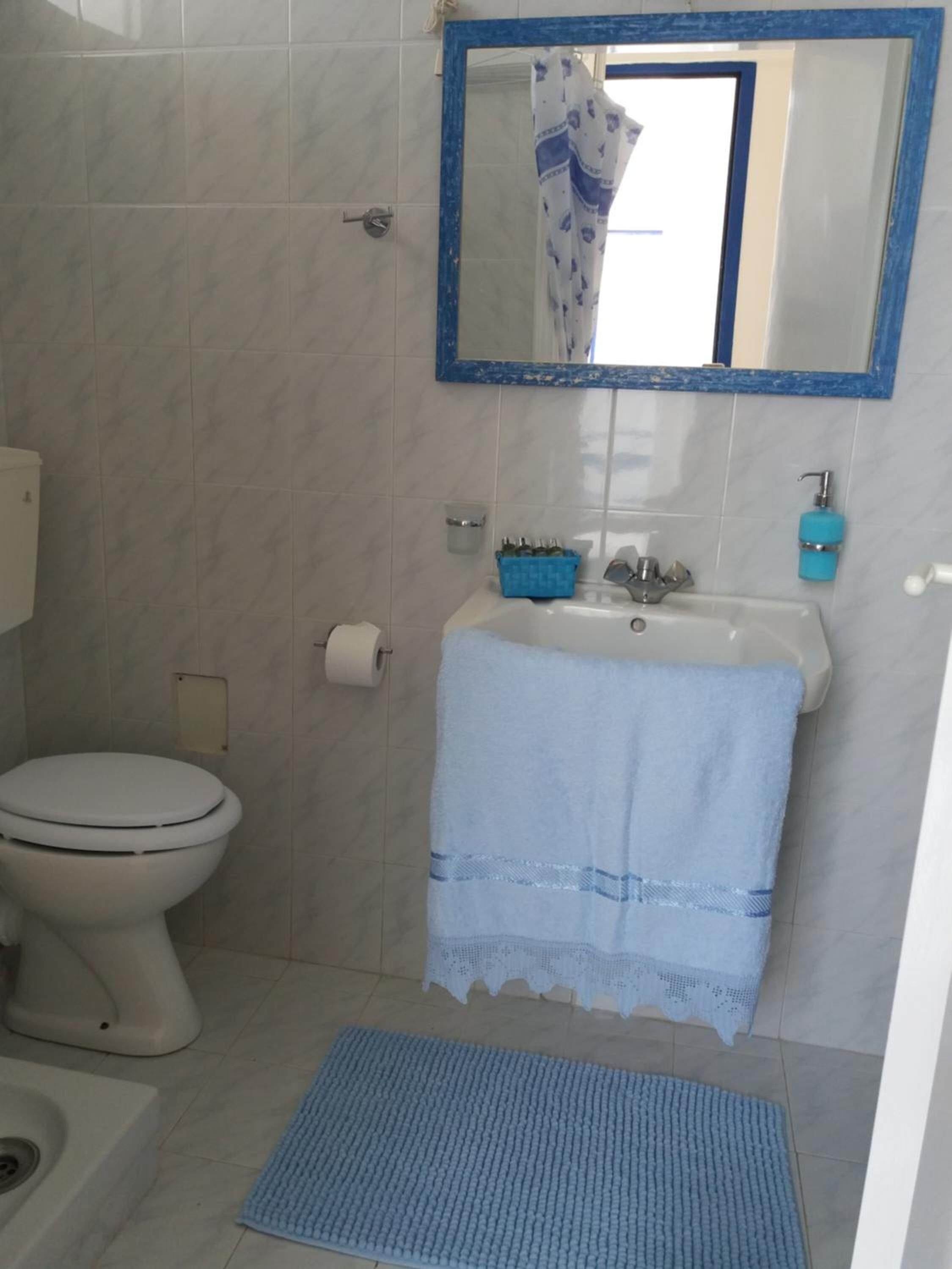 A bathroom with a toilet, sink, and mirror.
