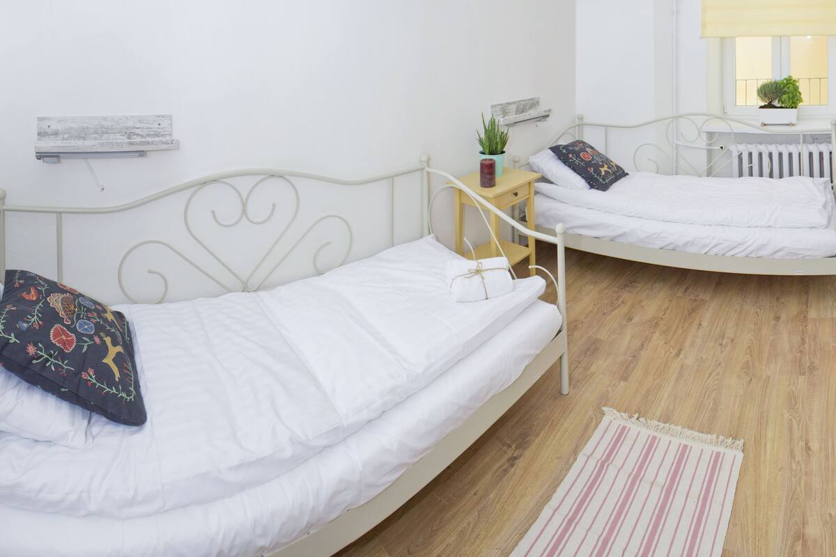 Une chambre avec deux lits simples, une petite table de chevet agrémentée d’une plante, un radiateur et une fenêtre donnant sur un paysage agréable.