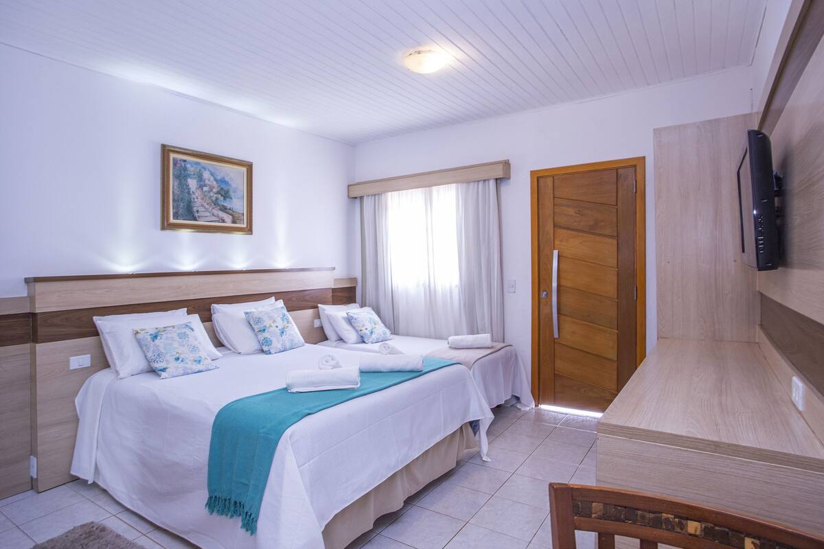 Habitación de hotel con dos camas, cabecera de madera, un cuadro en la pared, televisor montado en la pared y puerta de madera.