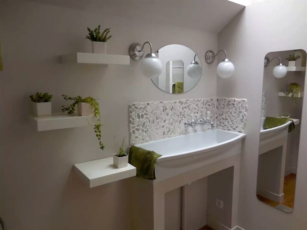 Casa de banho com lavatório branco, espelho e duas luminárias fixadas na parede. Há prateleiras com plantas em vasos sobre o lavatório.