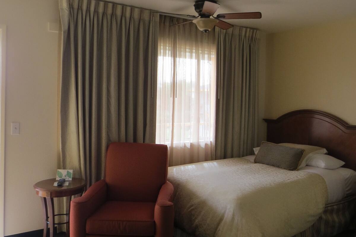 A hotel room with a bed, a chair, a ceiling fan, a window with curtains, and a small table with a remote control.