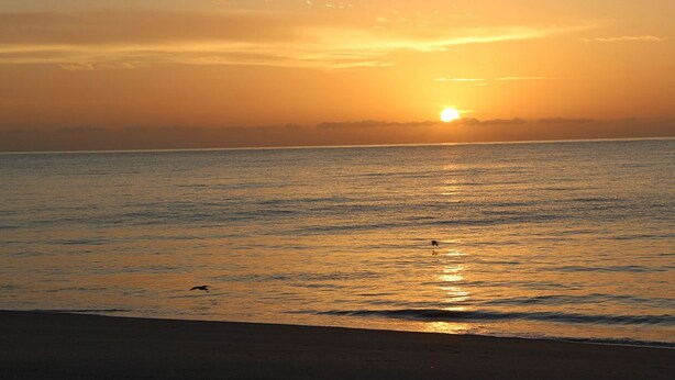 Ein Sonnenuntergang über ruhigem Meer mit einem Strand im Vordergrund.
