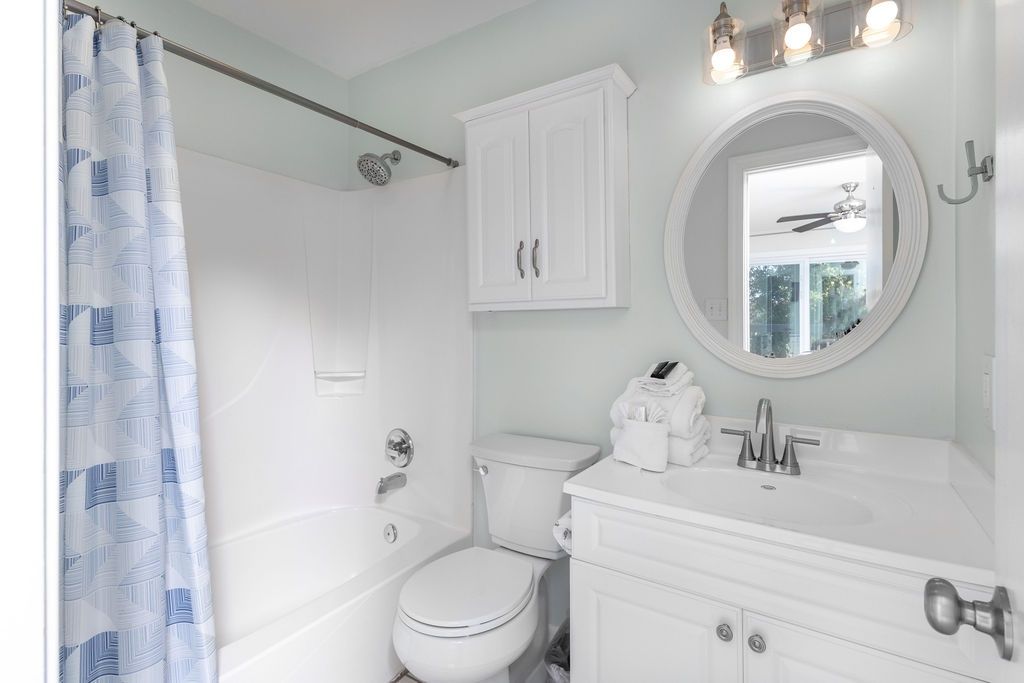 A bathroom with a shower, toilet, and vanity with a mirror.