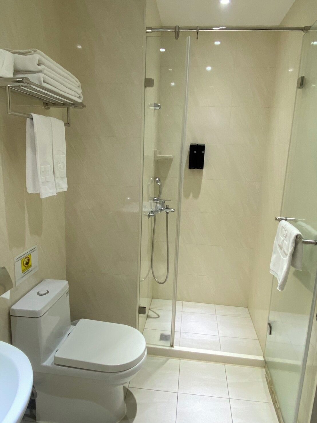 A modern bathroom with a glass-enclosed shower, a toilet, and a sink.