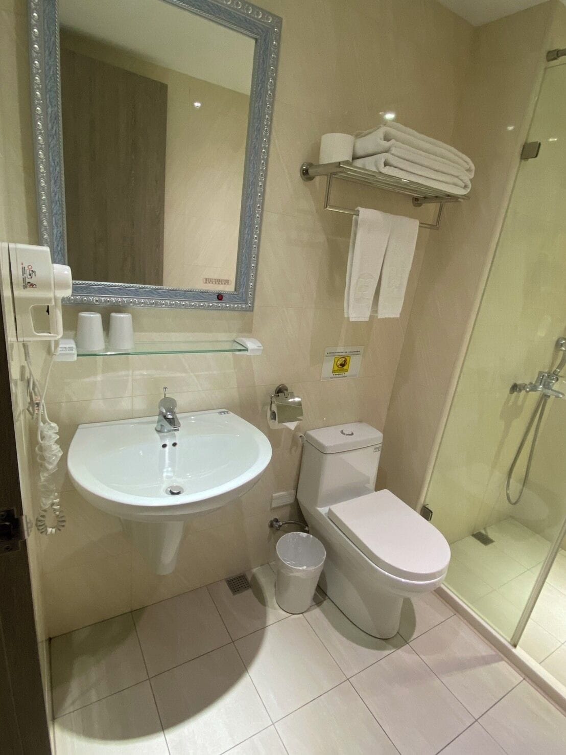 free toiletries, hair dryer, slippers, towels