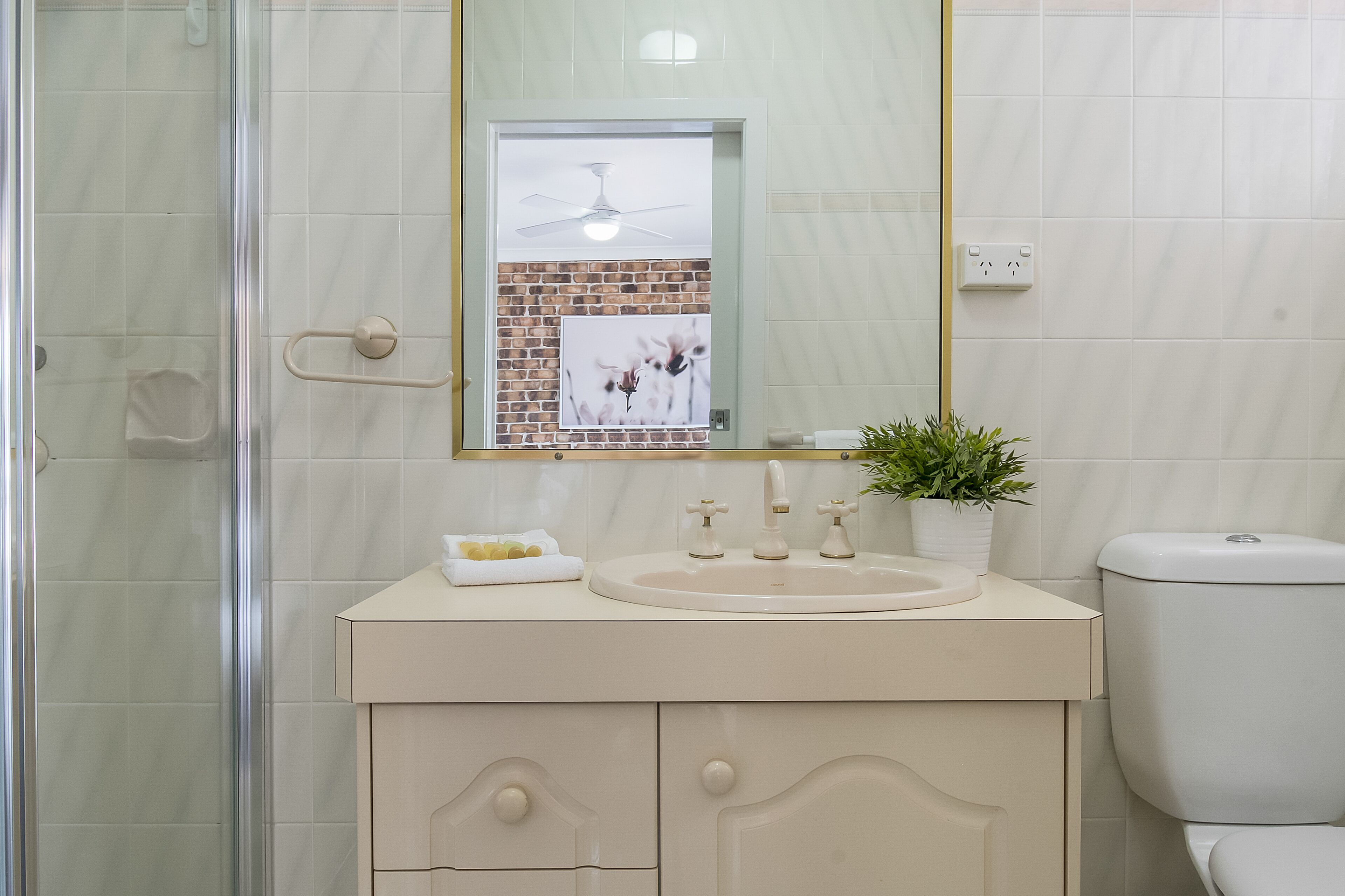 Een badkamer met een douchecabine van glas, een beige wastafel met een wastafel, een spiegel en een kleine potplant.