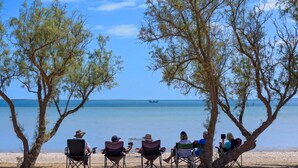 A group of people seated on chairs under trees by a beach, overlooking the sea. - Discovery Parks - Streaky Bay Foreshore (Streaky Bay)