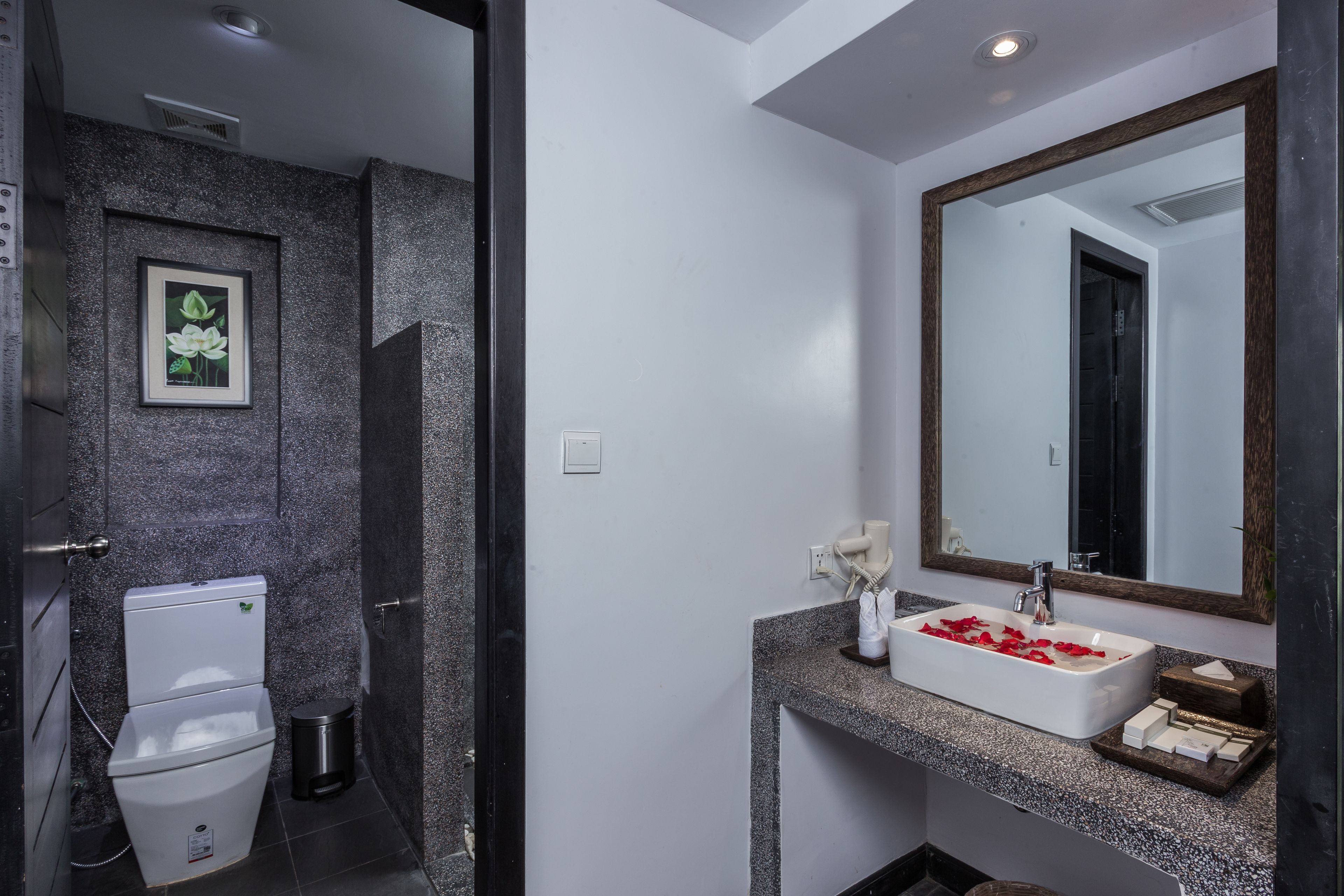 shower, rainfall showerhead, designer toiletries, hair dryer