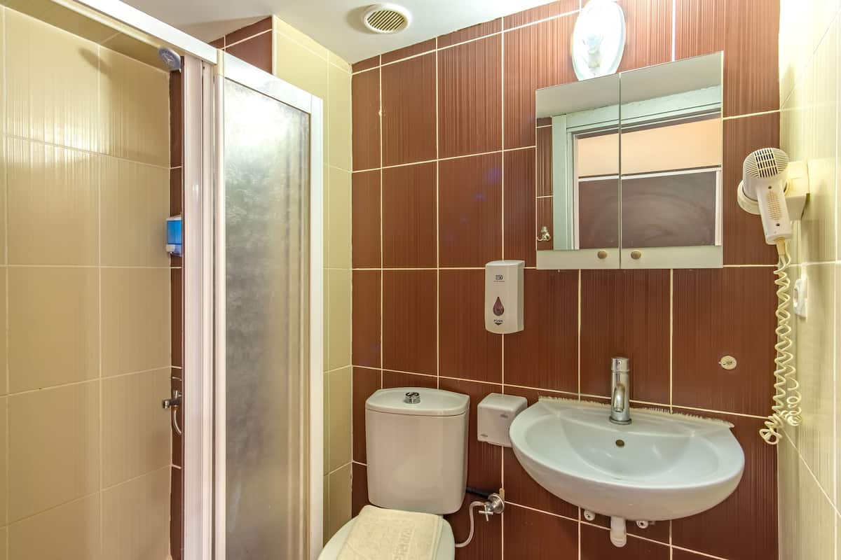 Une salle de bain avec des toilettes, un lavabo et un miroir.