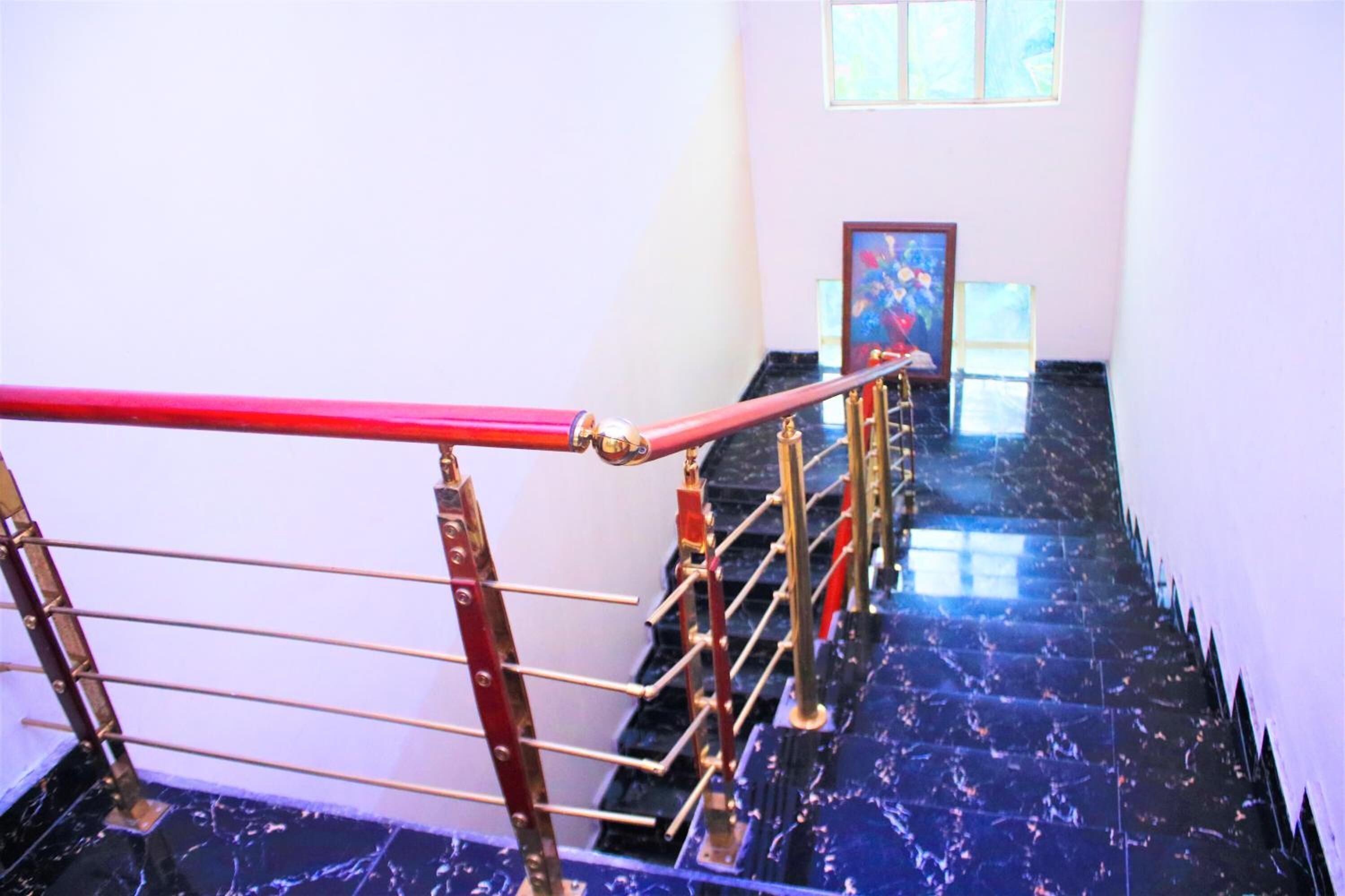 A staircase with a red handrail and black marble steps.