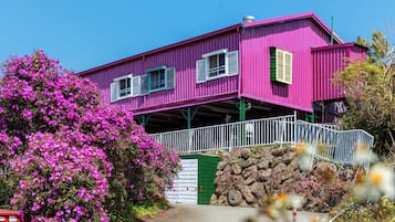 A pink building with a green door, surrounded by pink flowers and greenery.