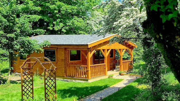 A wooden cabin with a porch, surrounded by lush greenery and trees.