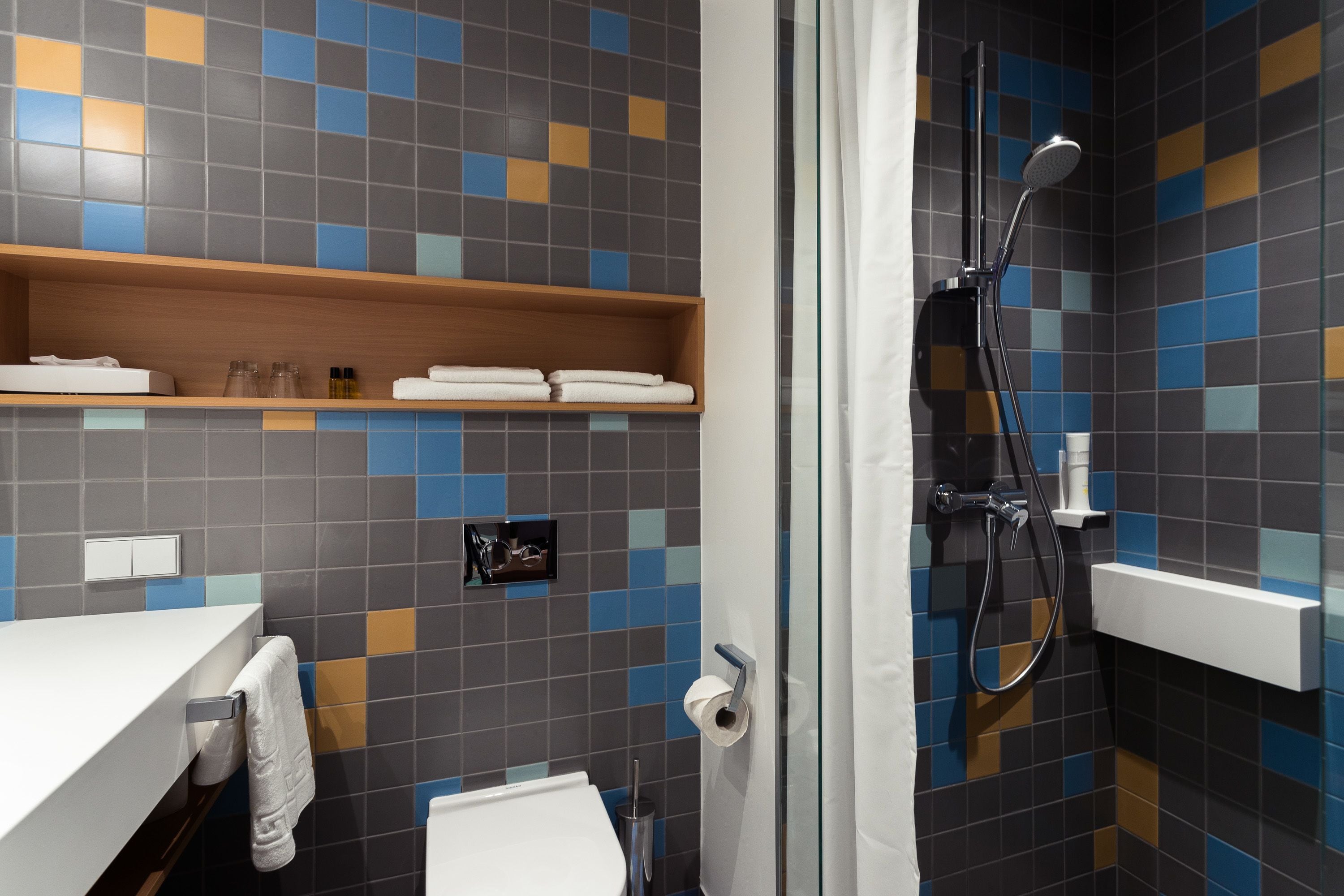 eco-friendly toiletries, hair dryer, towels, soap