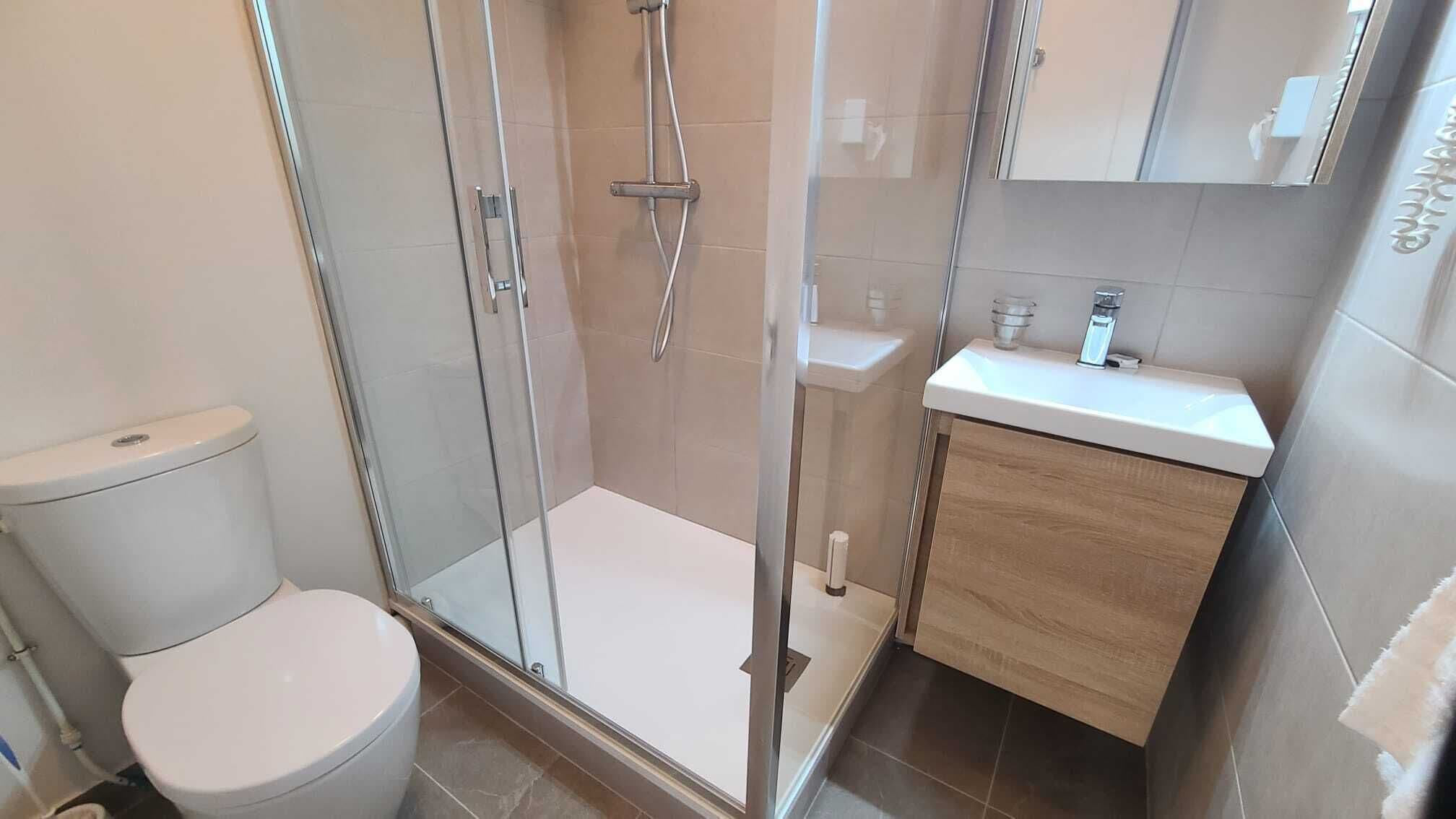 Un baño con ducha de vidrio, inodoro y lavamanos con espejo.