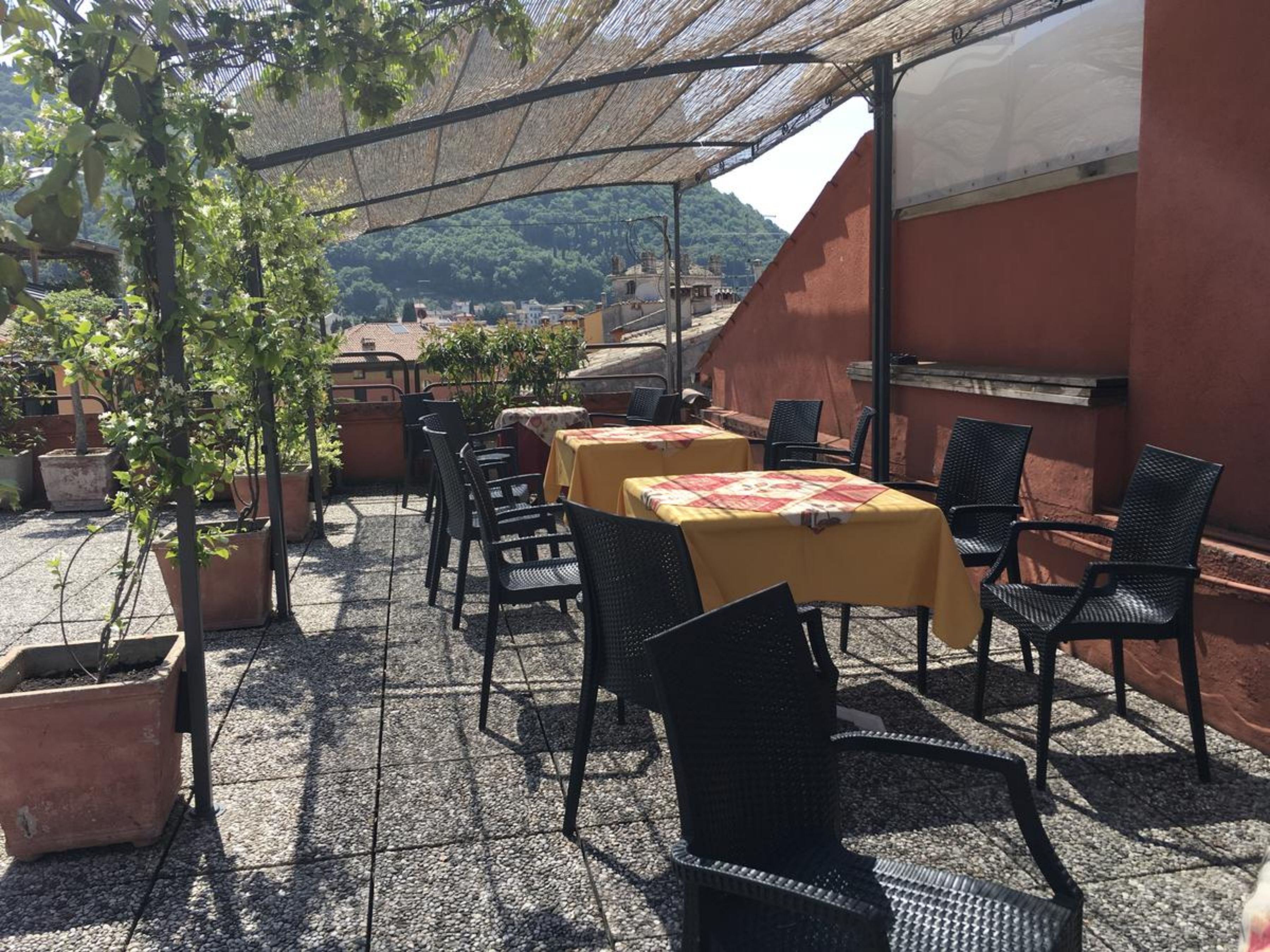 Patio esterno con tavoli e sedie, circondato da piante in vaso e affaccio su edifici sullo sfondo.