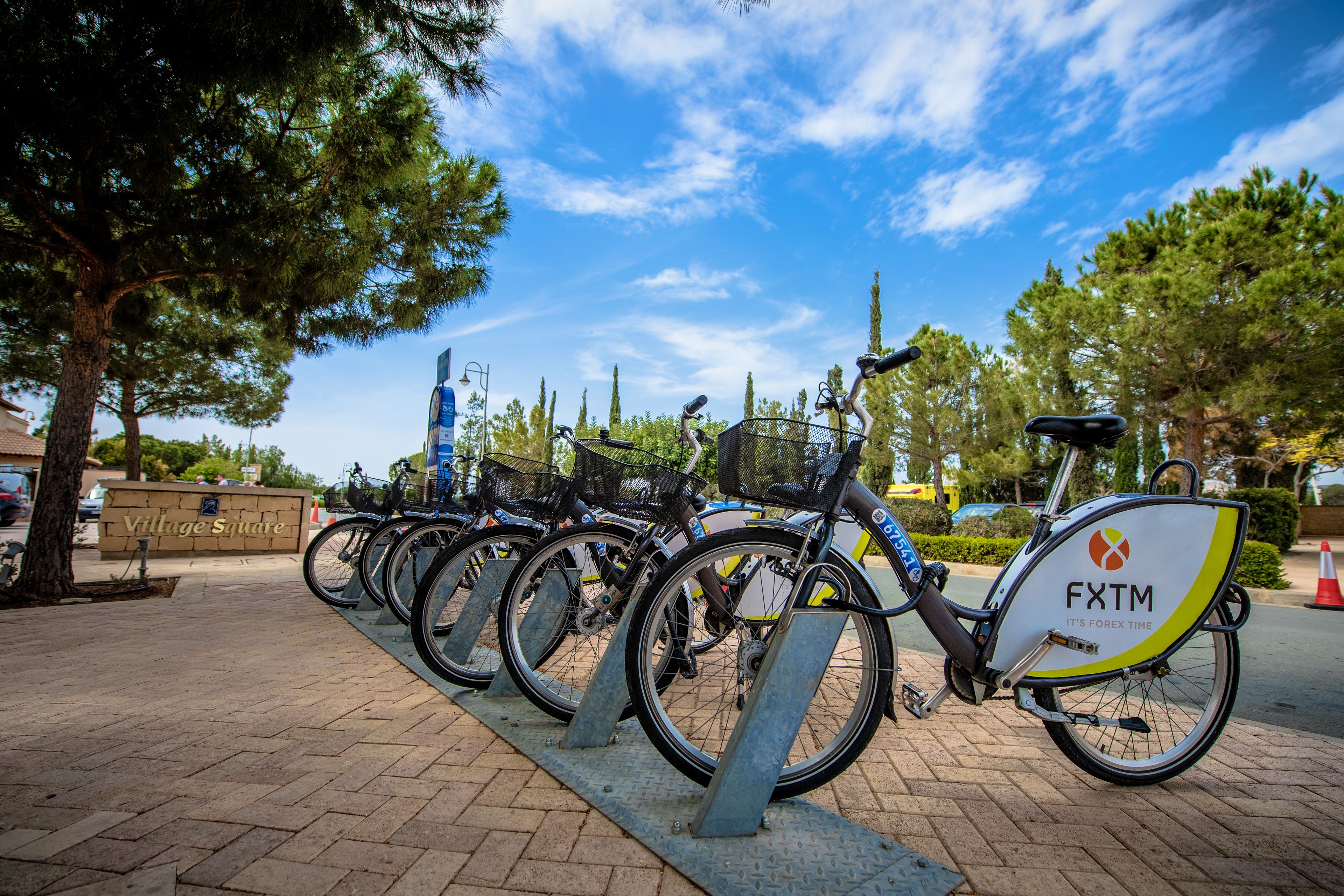 Varias bicicletas están estacionadas en un rack metálico en un espacio al aire libre con árboles y cielo despejado.