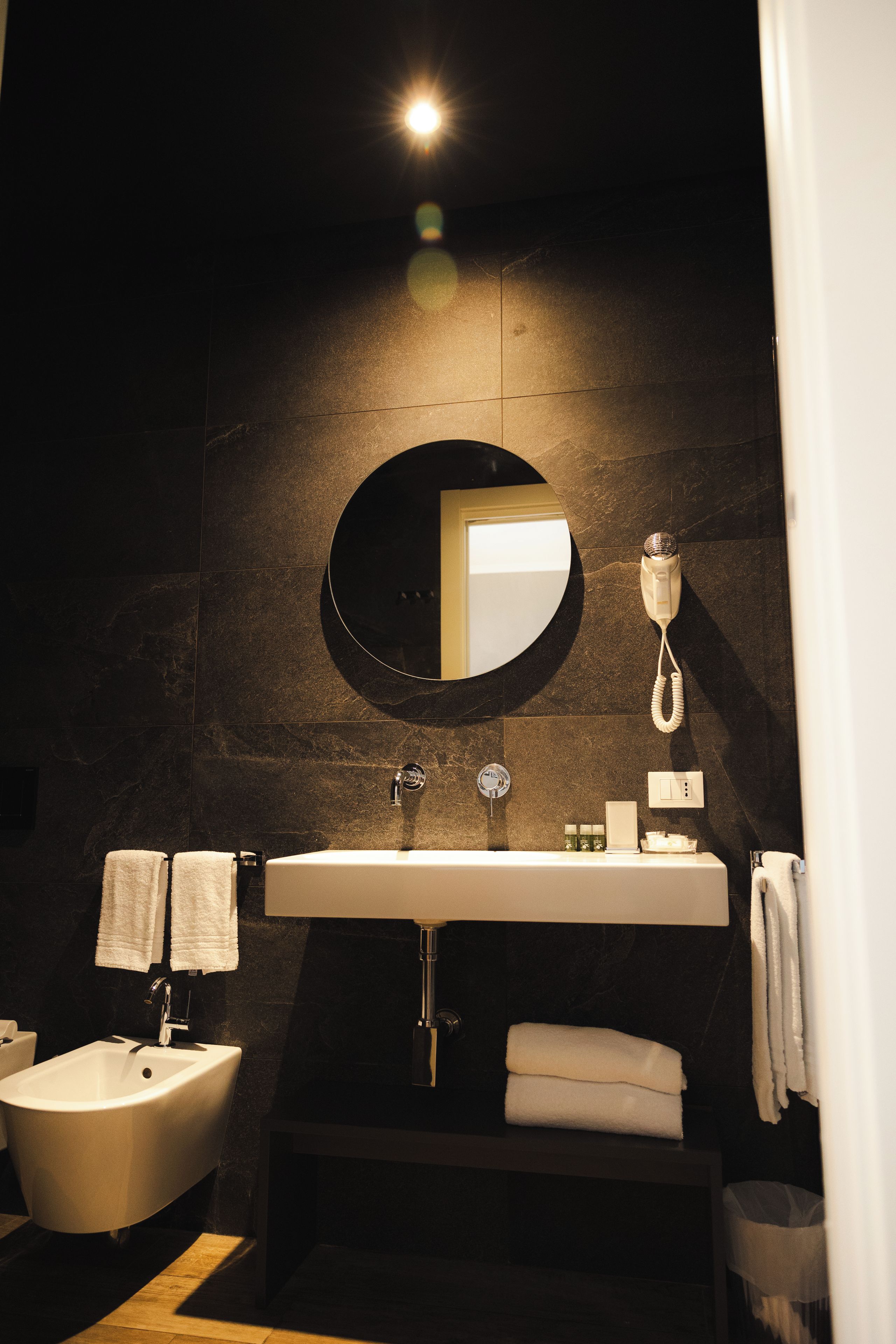 A modern bathroom with a large sink, a bidet, and a mirror.