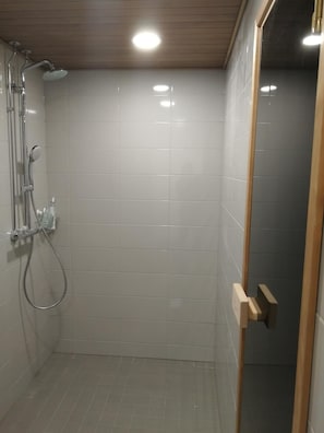 Shower, free toiletries, hair dryer