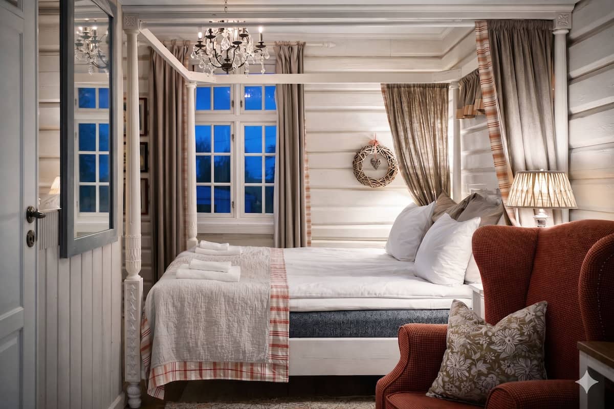 A bedroom with a four-poster bed, a chandelier, a window with curtains, and a red armchair.